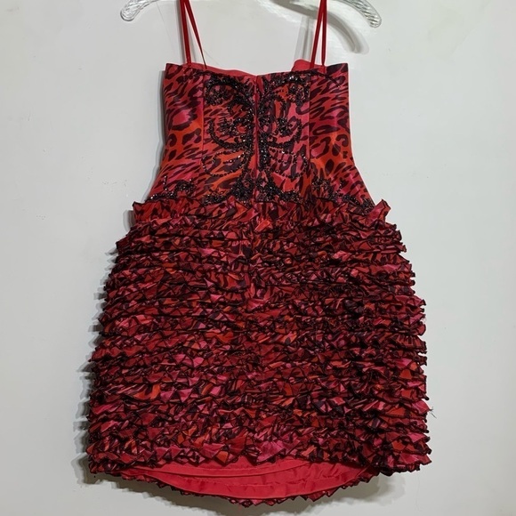 Jovani Strapless Leopard Beaded Ruffle textured cocktail Mini Dress 6 red black - Picture 4 of 8